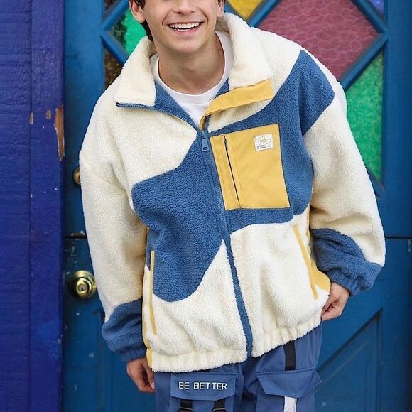 Aelfric Eden Sherpa Fleece Jacket Men's Medium Oversized Geometric Wavy Full Zip - Picture 1 of 8